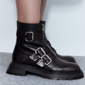 Zara Studded Black Buckle Combat Boots